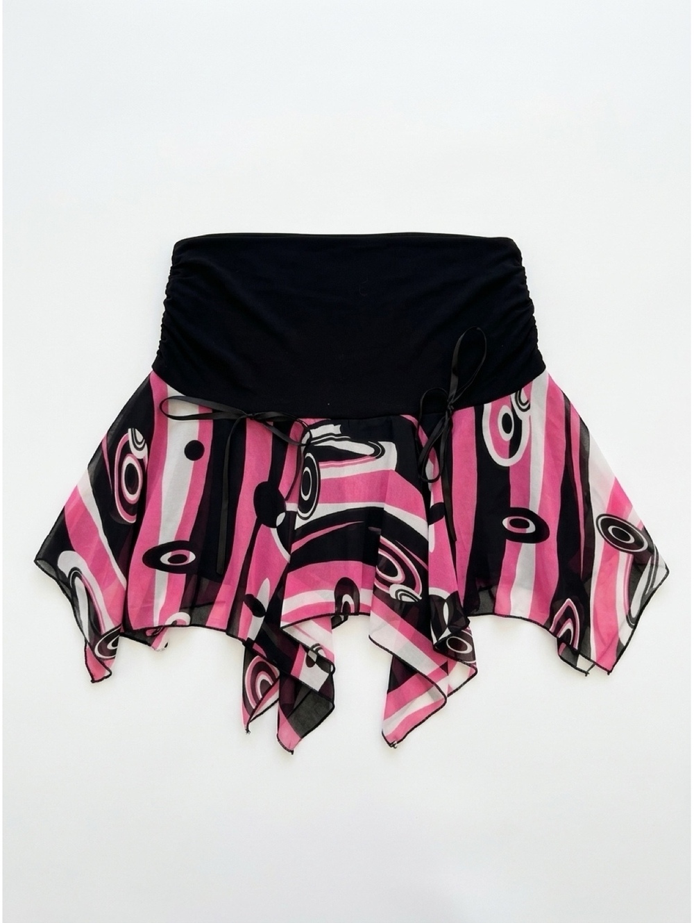 Tempted Women's Pink and Black Abstract Pattern Handkerchief Hem Skirt Y2K